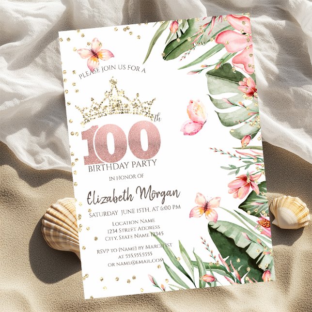 Invitation Fleurs Tropicales Feuilles Diamants 100e Anniversa (Créateur téléchargé)