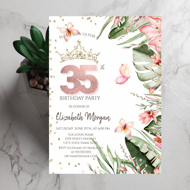 Invitation Fleurs Tropicales Feuilles Diamants 35e Anniversai (Créateur téléchargé)