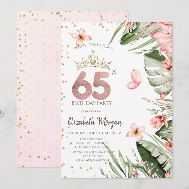 Invitation Fleurs Tropicales Feuilles Diamants 65e Anniversai (Devant / Derrière)