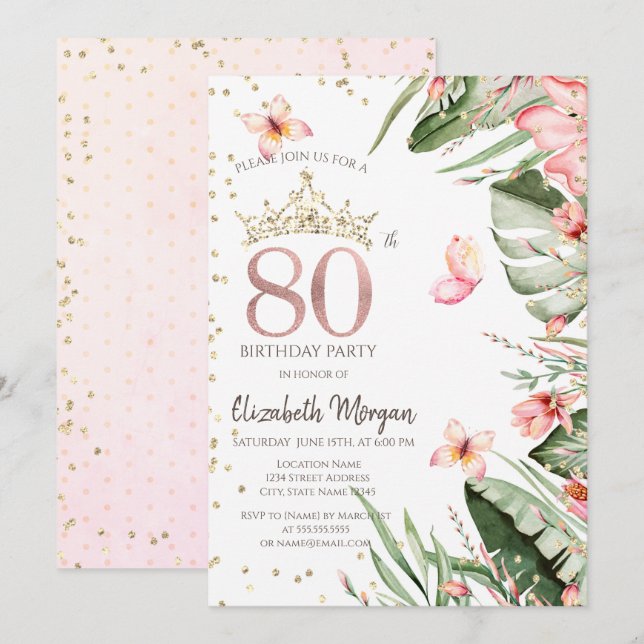 Invitation Fleurs Tropicales Feuilles Diamants 80e Anniversai (Devant / Derrière)