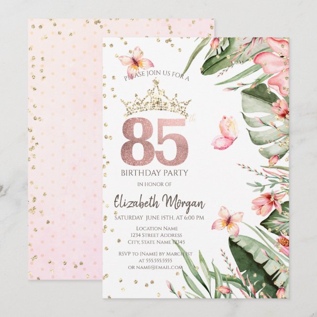 Invitation Fleurs Tropicales Feuilles Diamants 85e Anniversai (Devant / Derrière)