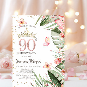Invitation Fleurs Tropicales Feuilles Diamants 90e Anniversai