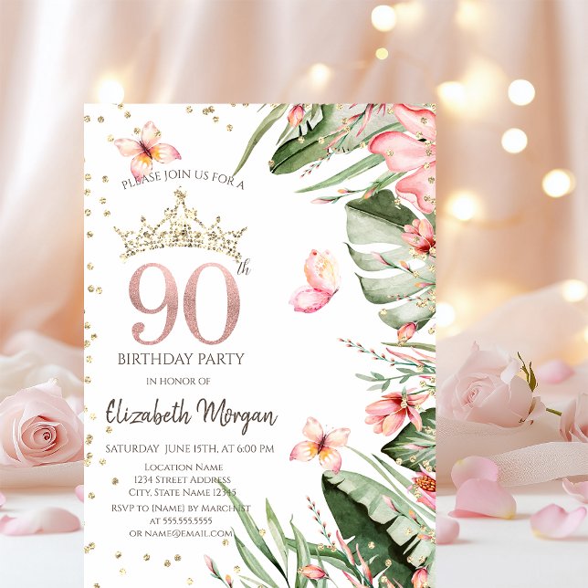 Invitation Fleurs Tropicales Feuilles Diamants 90e Anniversai (Créateur téléchargé)