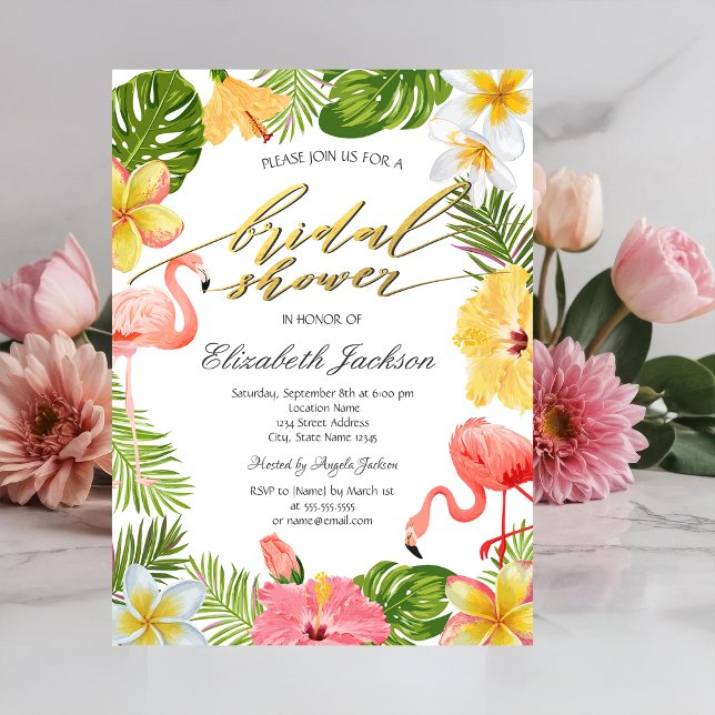 Invitation Fleurs tropicales feuilles flamants roses (Créateur téléchargé)