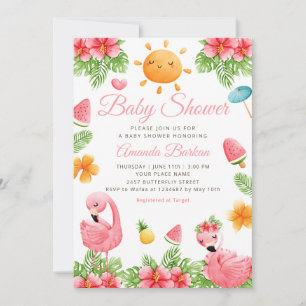 Invitation Fleurs tropicales Flamant rose Plage Baby shower f