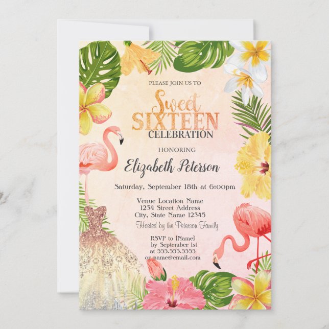 Invitation Fleurs Tropicales Flamants Roses en Plastique Robe (Devant)