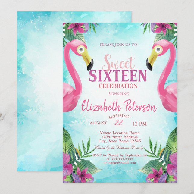 Invitation Fleurs tropicales Flamants roses roses doux 16 fêt (Devant / Derrière)