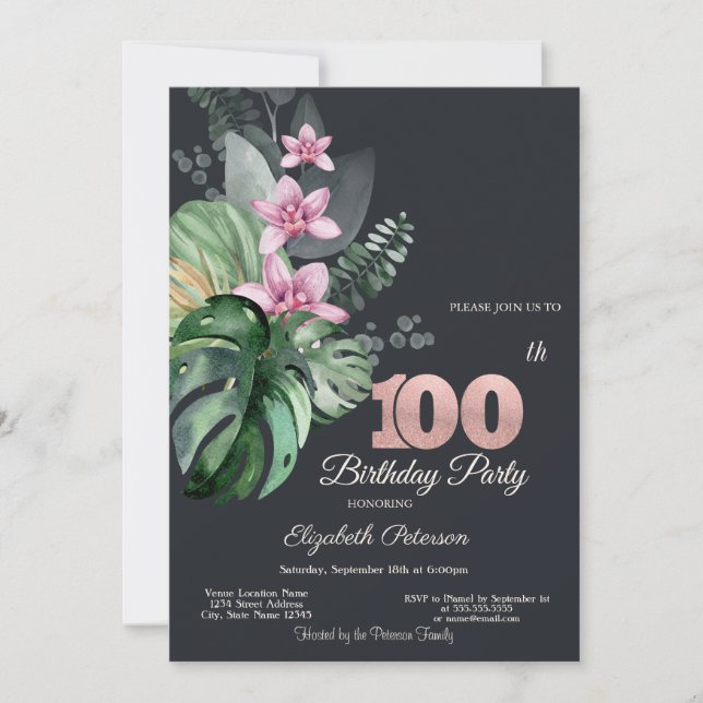 Invitation Fleurs tropicales foncées 100e anniversaire (Devant)
