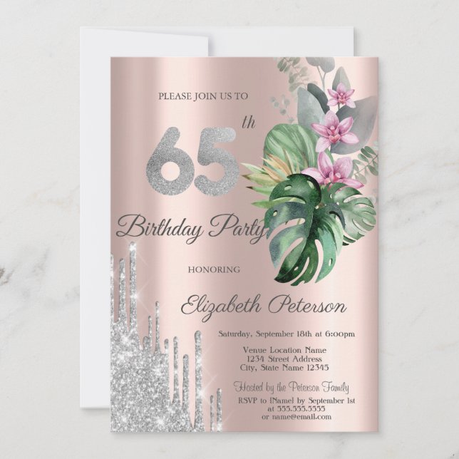 Invitation Fleurs Tropicales Gouttes Rose Gold 65e (Devant)