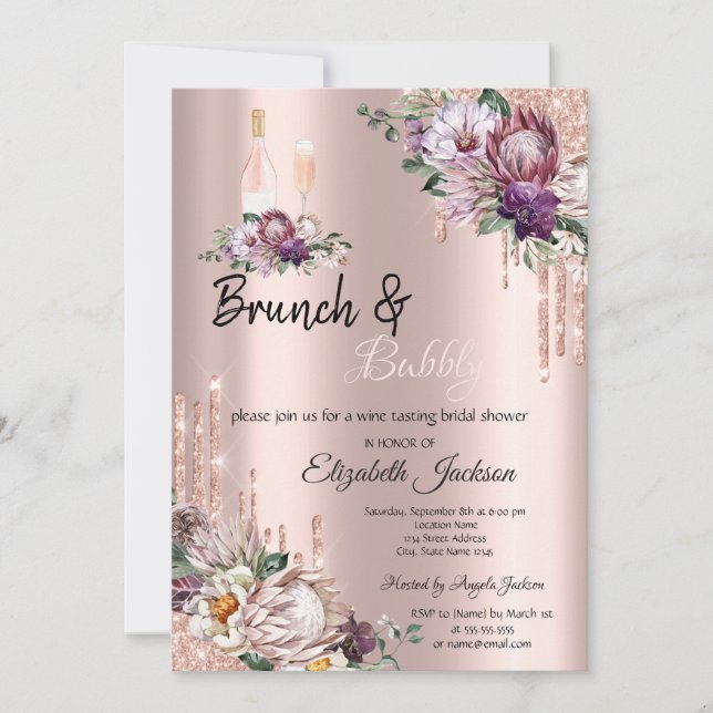 Invitation Fleurs Tropicales Gouttes Rose Gold Brunch & Bubbl (Devant)