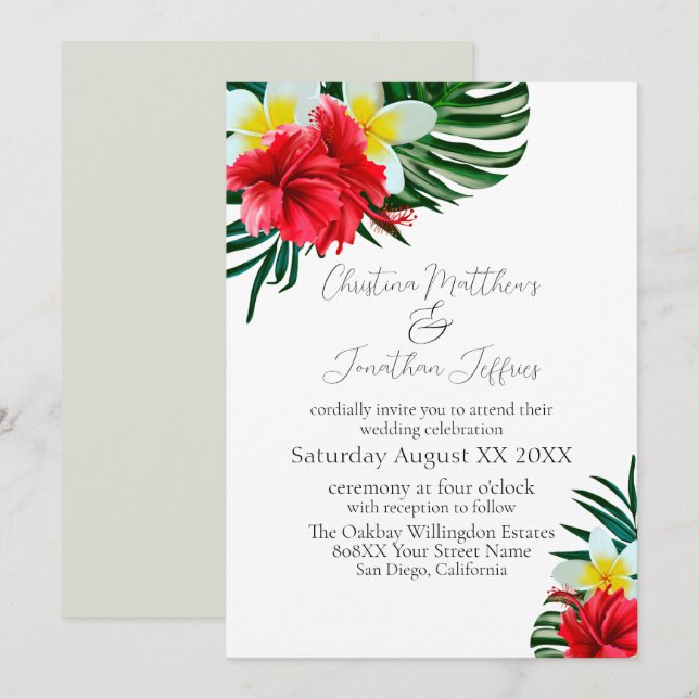 Invitation Fleurs tropicales hawaïennes sur fond blanc élégan (Devant / Derrière)