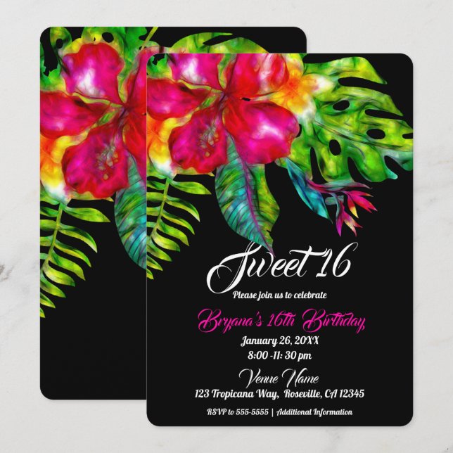 Invitation Fleurs tropicales lumineuses d'Hibiscus & Feuilles (Devant / Derrière)