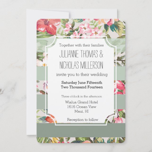 Invitation Fleurs tropicales Mariage de rayures de menthe (Devant)