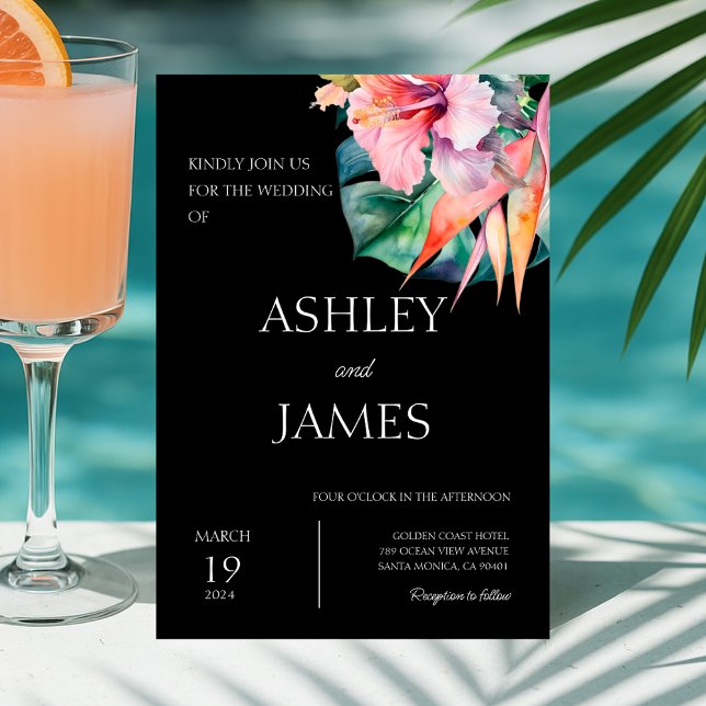 Invitation Fleurs tropicales modernes noires Mariage de verdu (Modern Tropical Flowers Greenery Wedding Invitation)