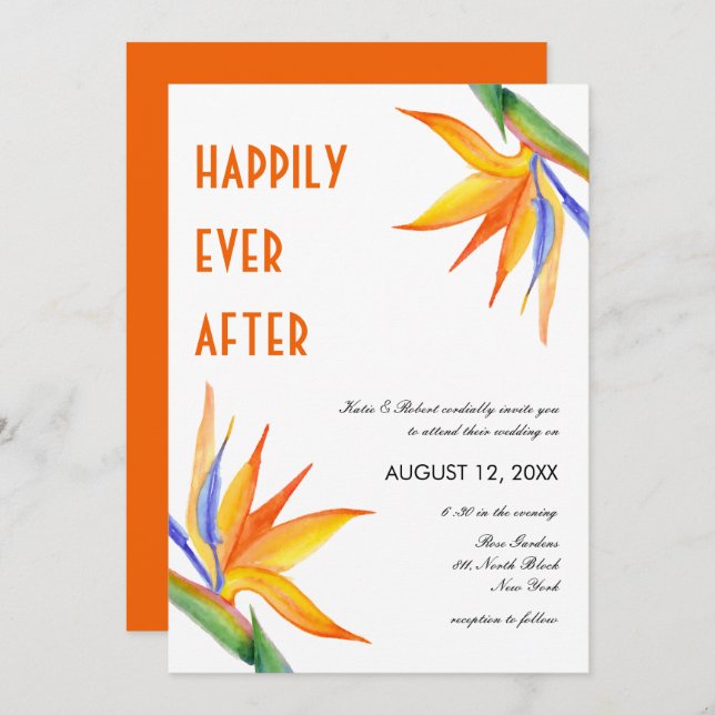 Invitation Fleurs tropicales Orange Mariage de script moderne (Devant / Derrière)