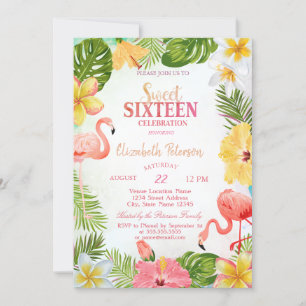 Invitation Fleurs tropicales Palm Flamants roses doux 16 Part