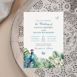 Invitation Fleurs tropicales papillon mariage sarcelle paon