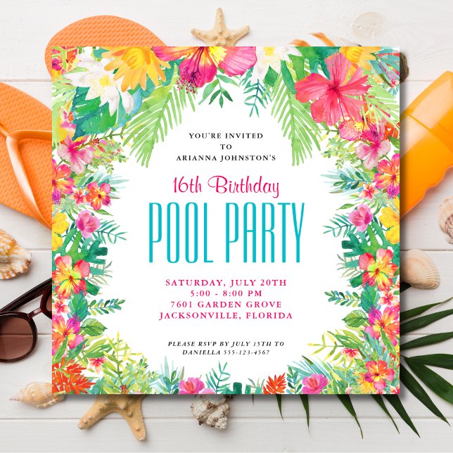 Invitation Fleurs tropicales Piscine Fête Anniversaire (Créateur téléchargé)