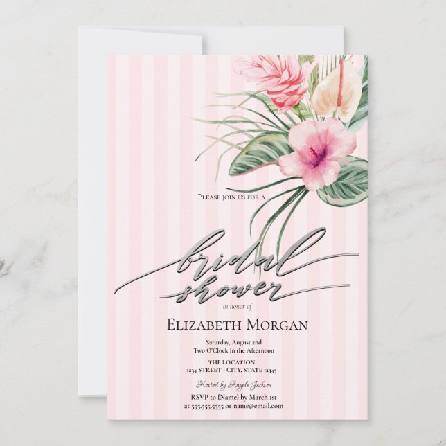 Invitation Fleurs tropicales rayures roses Baby Shower (Devant)
