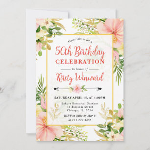 Invitation Fleurs tropicales rose aquarelle 50e anniversaire