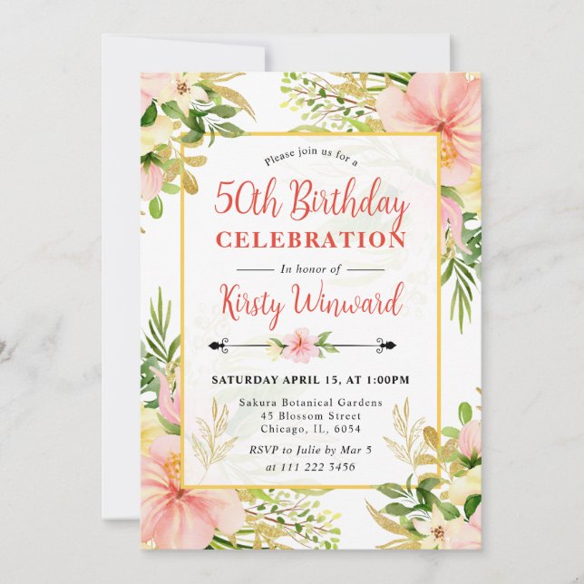 Invitation Fleurs tropicales rose aquarelle 50e anniversaire (Devant)
