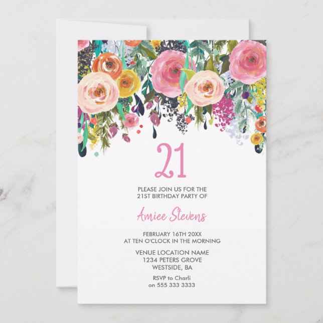Invitation Fleurs tropicales roses 21e anniversaire Invitatio (Devant)
