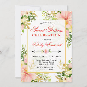Invitation Fleurs tropicales roses aquarelle Sweet Sixteen