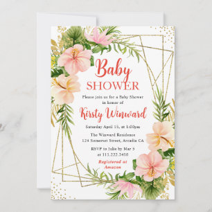 Invitation Fleurs tropicales roses et cadre doré Baby Shower
