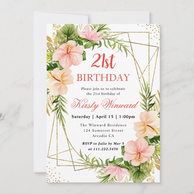 Invitation Fleurs tropicales roses et cadre doré pour 21e ann (Devant)