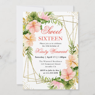 Invitation Fleurs tropicales roses et cadre doré Sweet 16