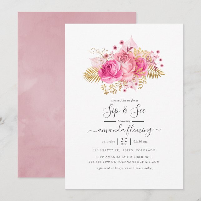 Invitation Fleurs tropicales roses et or Sip and See (Devant / Derrière)