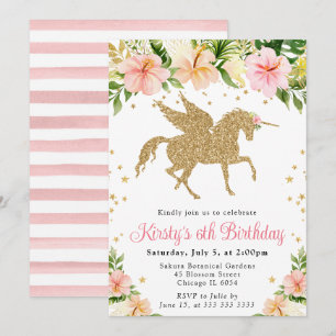 Invitation Fleurs Tropicales Roses Licorne Dorée Fête d'Anniv