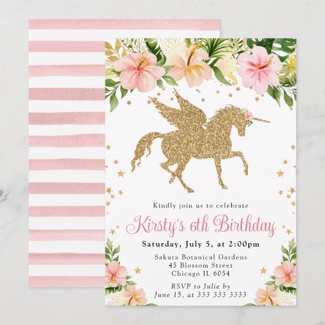 Invitation Fleurs Tropicales Roses Licorne Dorée Fête d'Anniv (Devant / Derrière)