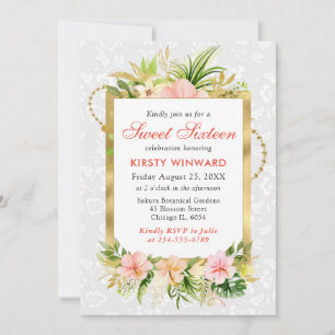 Invitation Fleurs tropicales roses papier d'or Sweet 16