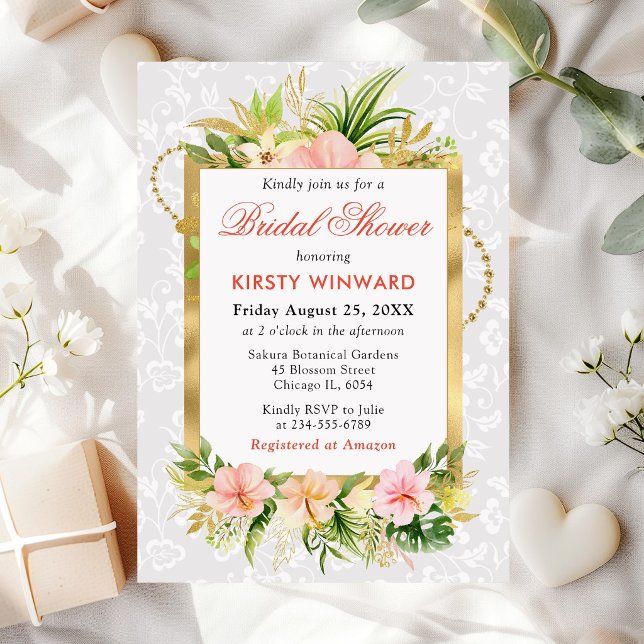 Invitation Fleurs tropicales roses papier doré enterrement de (Créateur téléchargé)