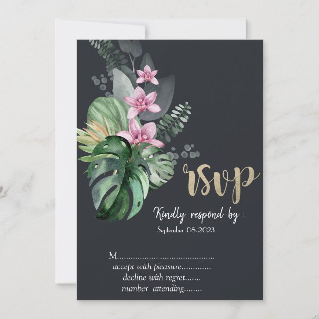 Invitation Fleurs tropicales RSVP foncé   (Devant)