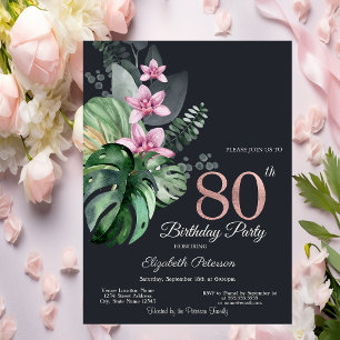 Invitation Fleurs Tropicales Sombre 80e Anniversaire