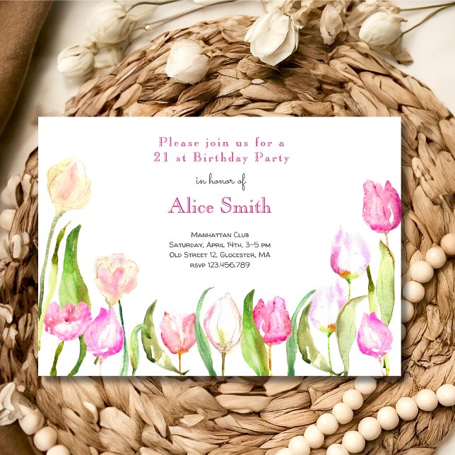 Invitation Fleurs tulipes jardin aquarelle anniversaire (Créateur téléchargé)
