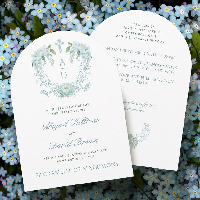 Invitation Fleurs Turquoise Crest Monogrammes Mariage catholi (Créateur téléchargé)