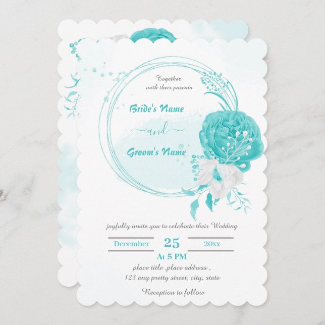 Invitation fleurs turquoise et blanche mariage de couronne bo (Devant / Derrière)