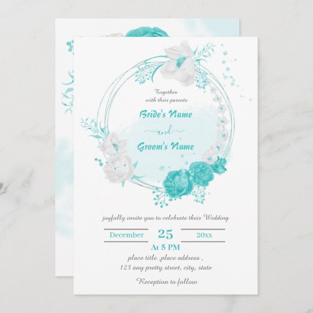 Invitation fleurs turquoise et blanche mariage de couronne bo (Devant / Derrière)