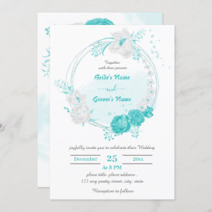 Invitation fleurs turquoise et blanche mariage de couronne bo