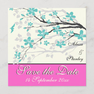 Invitation Fleurs turquoise, mariage rose chaud Enregistrer l