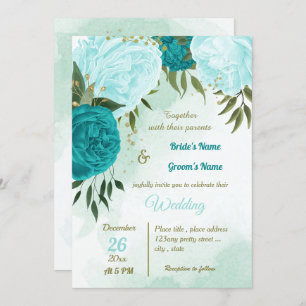 Invitation fleurs turquoise vert feuille mariage