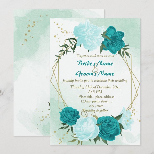 Invitation fleurs turquoise vert feuille mariage (Devant / Derrière)