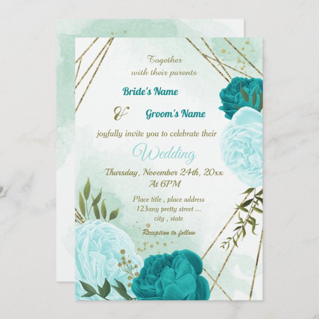 Invitation fleurs turquoise vert feuille mariage (Devant / Derrière)