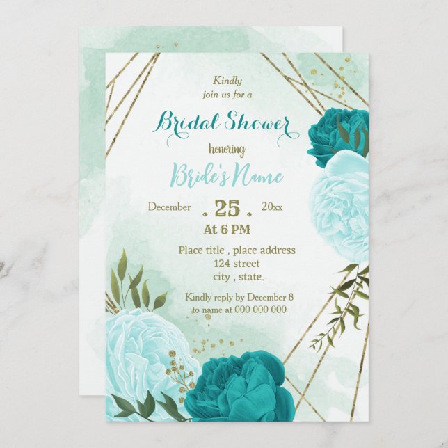 Invitation fleurs turquoise vert feuille nuptiale (Devant / Derrière)