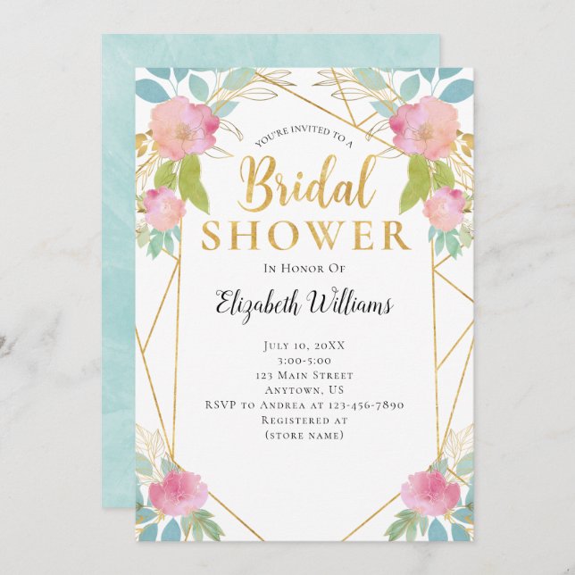 Invitation Fleurs Turquoises roses Fête des mariées de cadre  (Devant / Derrière)