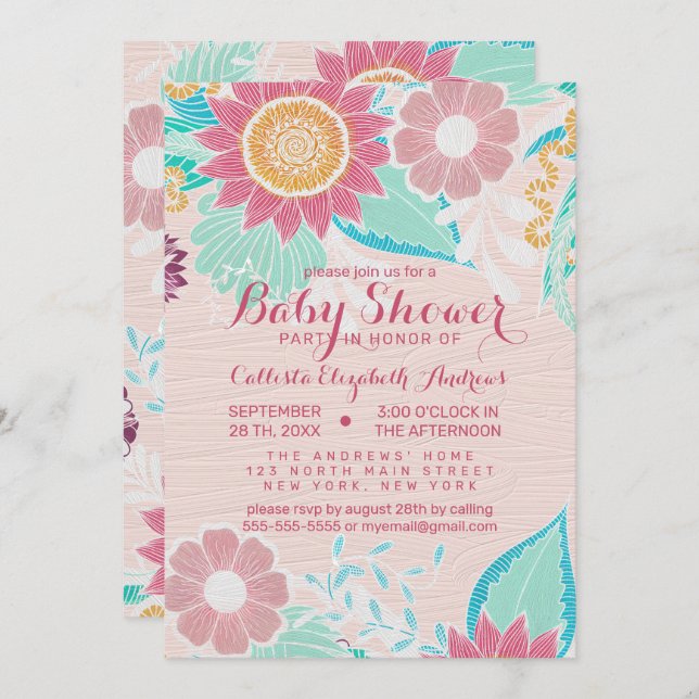 Invitation Fleurs Turquoises roses Feuilles Baby shower peint (Devant / Derrière)