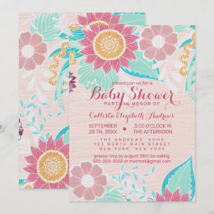 Invitation Fleurs Turquoises roses Feuilles Baby shower peint